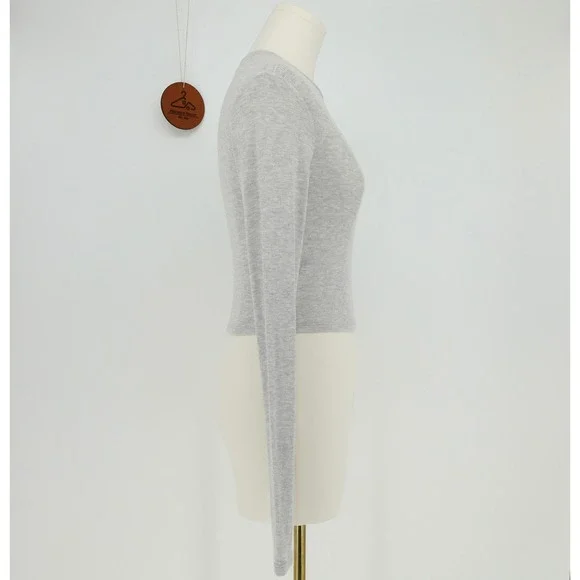 Joah Brown Womens Heather Grey Ribbed Long Sleeve Crew Neck Crop Top Size XS/S - Picture 2 of 8